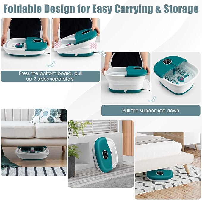 COSTWAY Collapsible Foot Spa Bath, with Heat, Bubbles, 16 Shiatsu Massage Rollers, Pedicure Foot Spa Tub W/Remote Control, Timer, Pumice Stone, Medicine Box (Deep Blue+White)