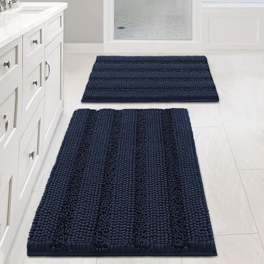 H.VERSAILTEX Navy Blue Bathroom Rugs 2 Piece, Bath Mat Set Slip-Resistant Extra Absorbent Soft and Fluffy Striped Chenille Bath Rugs, Floor Mats Dry Fast Machine Washable (20" x 32"/17" x 24")