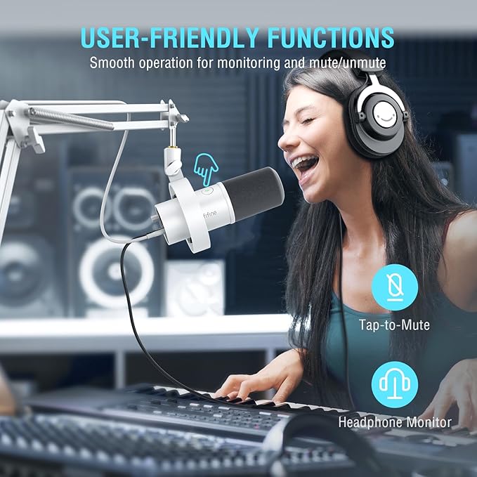 FIFINE Dynamic Microphone with Boom Arm, Studio Vocal XLR Microphone, Podcast USB Mic Kit for PC with Mute Button, Volume Knob, Headphone Jack, for Streaming Recording-AmpliTank K688CT White