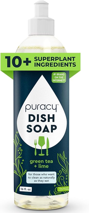Puracy Natural Dish Soap - Skin-Softening Plant-Based Dishwashing Soap, Non-Toxic Dish Soap, Organic Liquid Dishwashing Detergent Soap (Green Tea & Lime, 16 fl oz)