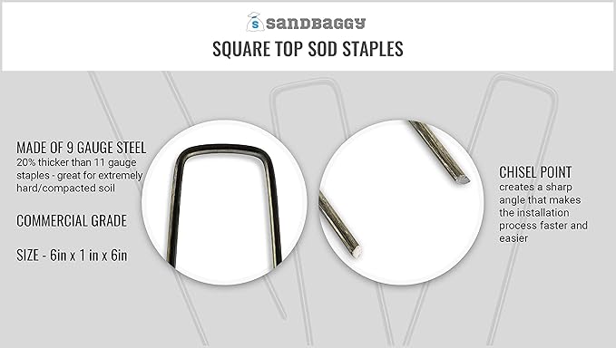 Sandbaggy 6 inch Landscape Sod Staples (9 Gauge Steel) ~ Great for Hard Soil - 20% Thicker Than Competition - Trusted by Farmers & Contractors Across USA (100 Staples)