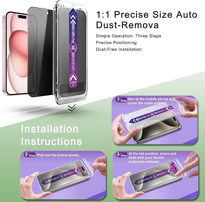 2 Pack Privacy Screen Protector for iPhone 16/15/14 Pro 6.1-Inch Auto Dust Removal, No Bubbles, Anti-Spy Tempered Glass Film, Easy Installation