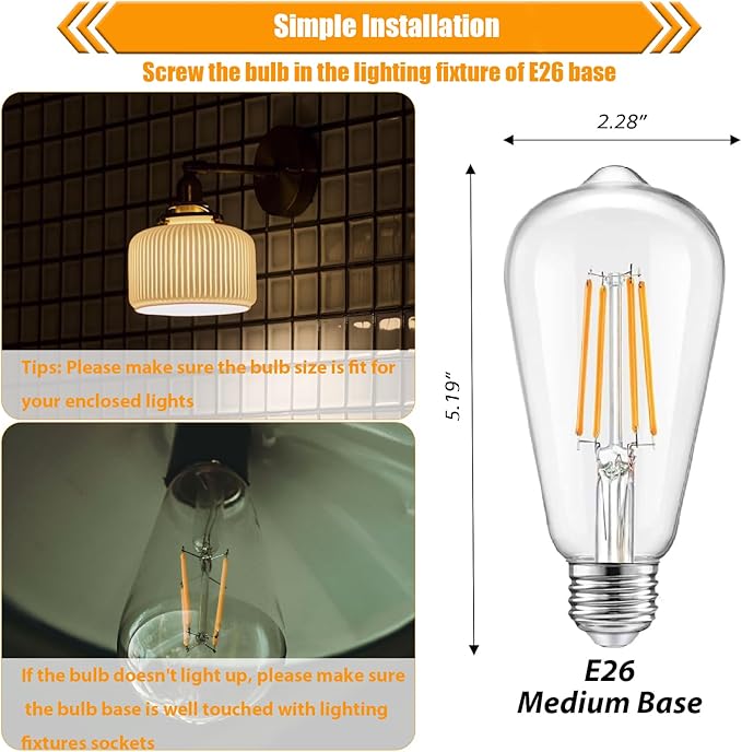 12 Pack Dimmable LED Light Bulbs 40 Watt Equivalent, Vintage E26 Edison Bulbs, 2700K Soft Warm White 4W LED Bulbs, Antique Filament Decorative Light Bulbs for Light Fixtures