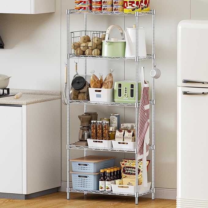 Storage Shelves,21.3" W x 11.8" D x 58.5" H Wire Shelving Unit Loads 550LBS,5-tier Adjustable Metal Utility Shelf,Garage Shelves with Liner and Hooks,Home Storage Rack for Kitchen,Laundry,Pantry