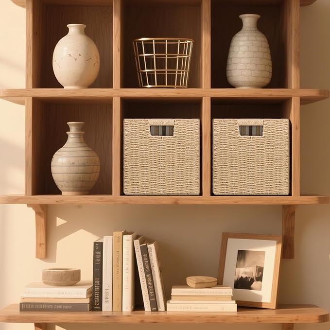 Wicker Storage Baskets for Organizing, 3 Pack Rustic Foldable Square Basket for Shelves, Handwoven Cubby Organizer Bins for Home Decor, Small Cube Storage Bin for Closet Organization (Natural 11 inch)