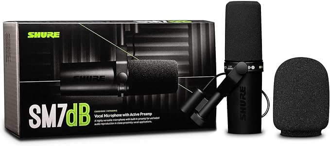 Shure SM7dB Dynamic Vocal Microphone w/Built-in Preamp for Streaming, Podcast, & Recording, Wide-Range Frequency, Warm & Smooth Sound, Rugged Construction, Detachable Windscreen - Black