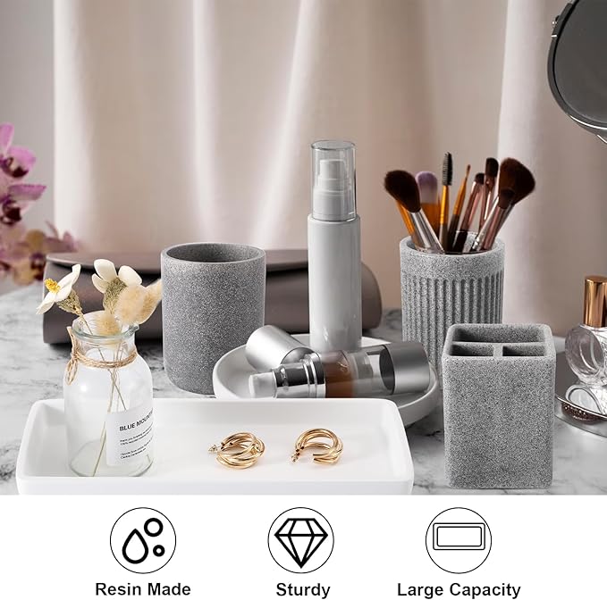 Resin Matte Gray Bathroom Toothbrush Cups Set with Holder and Tray, 4 Pcs Bathroom Accessories Set Counter Organizer for Sink Home Decor