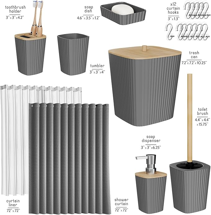 Clara Clark Bathroom Accessories Set - Grey Bathroom Set, 20PC Bathroom Accessory Set, Shower Curtain Set, Toilet Brush, Trash Can & Soap Dispenser
