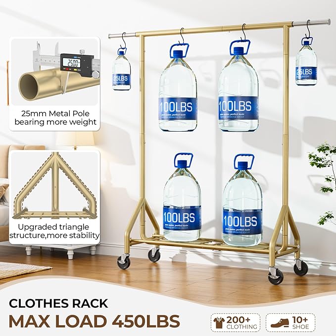 Heavy Duty Clothes Rack Load 450 LBS, Metal Garment Rack, Standing Rolling Clothing Rack for Hanging Clothes with Sturdy Wheels & Shelves, Portable Closet Wardrobe Rack,Gold