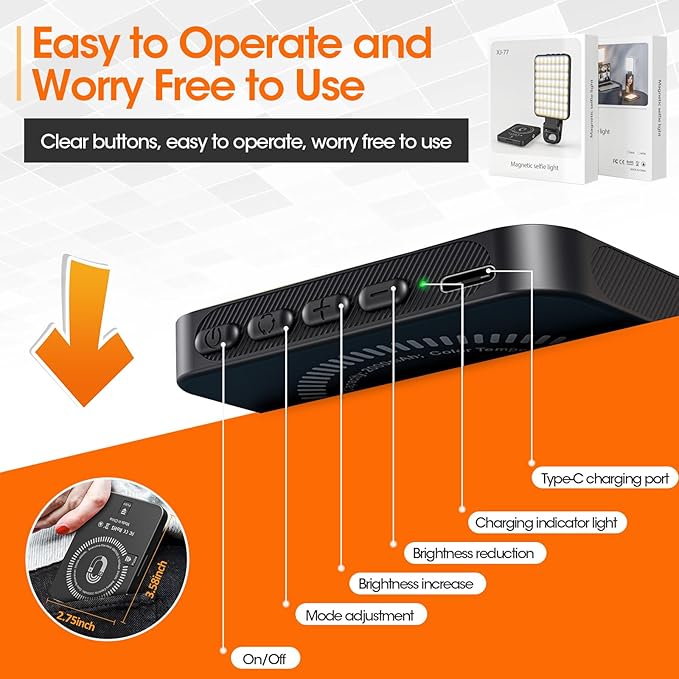 Magnetic Selfie Light, Portable Phone Clip, 6 oz, Rechargeable Ring Light for iPhone, Laptop, Camera, 10-Hour Working, 3 Light Modes for TikTok, Instagram, Vlog, Video Recording