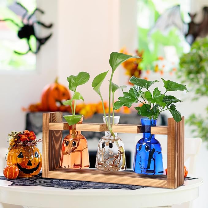 Halloween Plant Propagation Stations Plant Terrarium with Wooden Stand Hydroponics Glass Vase Planter for Halloween Home Office Garden Table Decoration(Ghost)