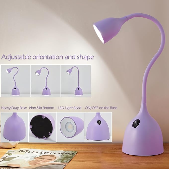 Gooseneck Desk Lamp 360° LED Flexible Reading Light Small Desk Lamps for Small Spaces Home Office Bedroom College Dorm Desk Bookshelf Nightstand Table Lamp (Purple)