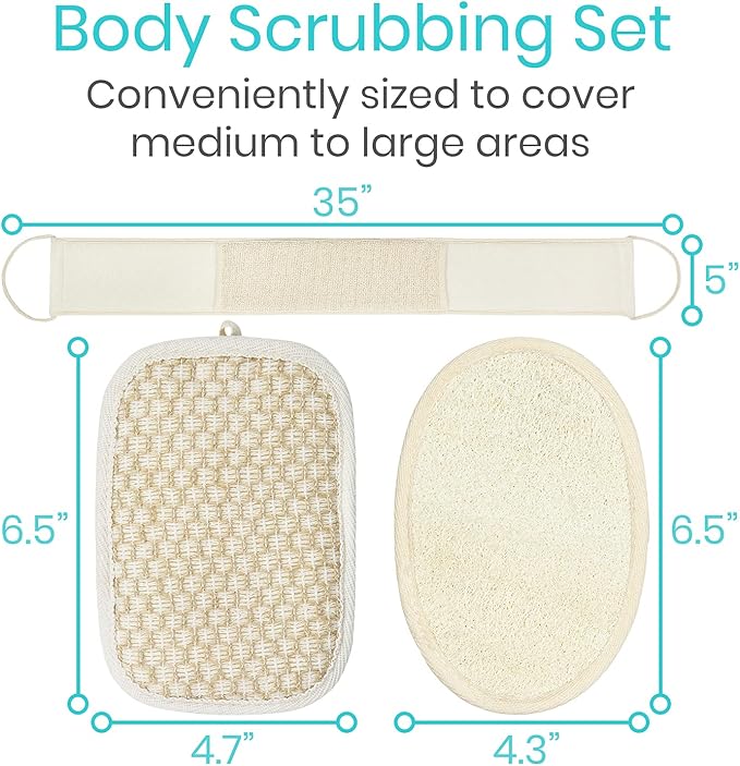 Vive Exfoliating Back Scrubbers for Use in Shower (3 Set) - Loofah Sponge Pads for Body with Handles, Deep Clean and Invigorate Your Skin for Men, Women and Elderly - Soft Luffa with Soap