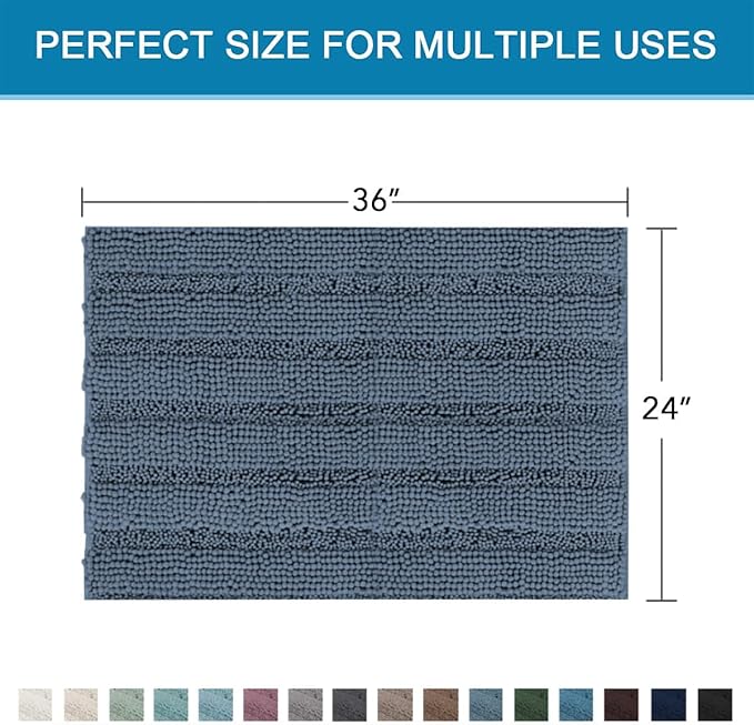 H.VERSAILTEX Bath Mats for Bathroom Non Slip Thick Chenille Striped Bath Rug Absorbent Fluffy Soft Shaggy Rugs Washable Dry Fast Plush Mats for Indoor, Bath Room, Tub - 24" x 36", Blue Indigo