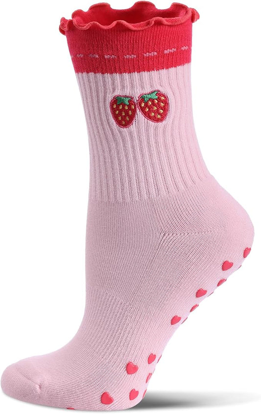 Cute Pilates Socks with Grips for Women Ruffle Cuff Embroidery Non Slip Yoga Socks for Workout, Barre, Pilates Gifts