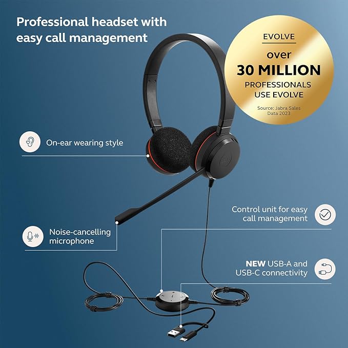 Jabra Evolve 20 Wired Headset (2025 Edition) - Dual-Ear Wired Headset for Office and Work from Home - Call Control - Certified for MS Teams - USB-C/A Connectivity - Black