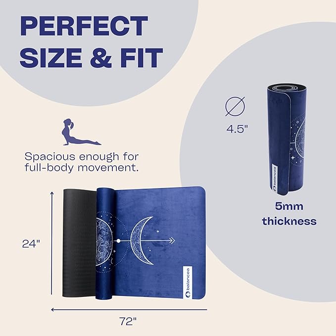 Yoga Mat With Strap 5mm Non Slip Suede & TPE - Beige Eco-Friendly Fitness & Exercise Mat for Home Gym, Pilates, Hot Yoga, and Meditation - Lightweight Durable 72 x 24 inch Workout Mat for Women, Men