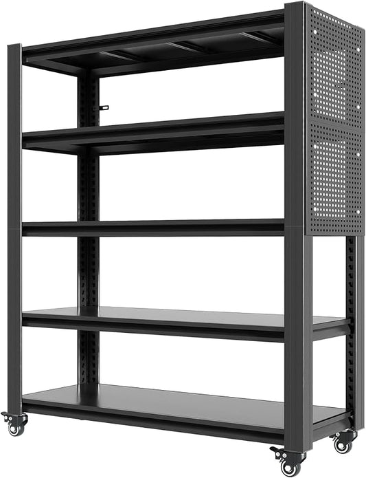 78" H 5-Shelf Metal Storage Shelves, 2000 lbs Garage Shelving Unit with Pegboard, Adjustable Industrial Heavy Duty Storage Rack with Wheels, 47.2" W x 18" D for Pantry Basement, Black
