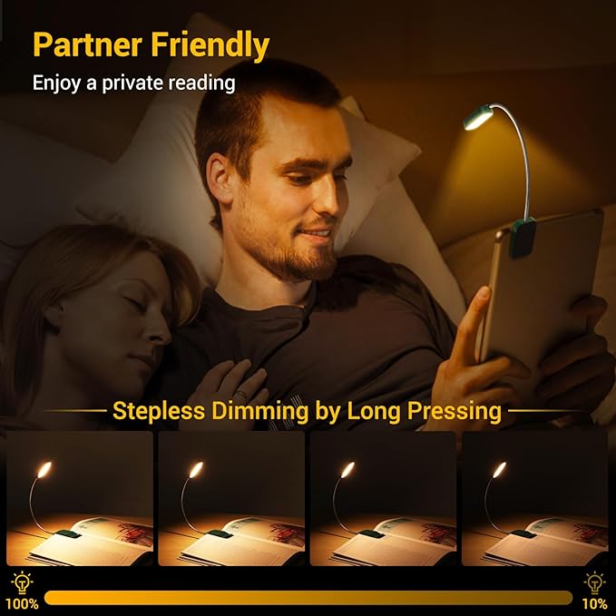 Book Light 2 Pack, Rechargeable Reading Lights for Books in Bed-Eye Caring 3 Colors, Stepless Dimming, 360° Flexible Studying Small Desk Lamp, Lightweight Clip-on LED Night Light for Book Lovers, Kids