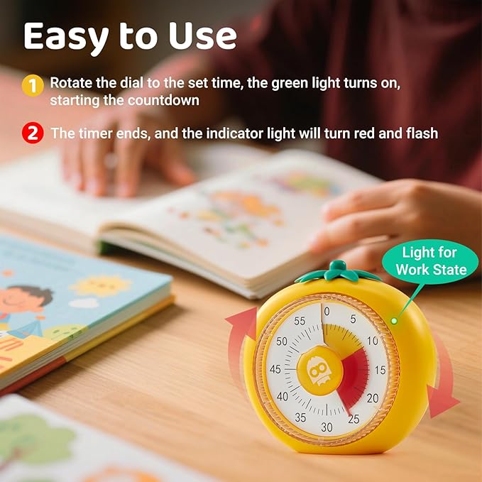 Visual Timer for Kids, 60-Minute Countdown Timers for Classroom Office Kitchen with Silent Operation, Kids Timer for Teaching with Cute Design, 4-Color Zone Pattern Pomodoro Timers