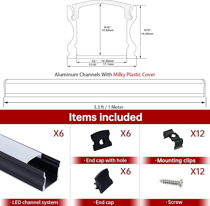 Muzata 6Pack 3.3FT/1M Deeper Spotless LED Channel System with Milky White Frosted Diffuser Black Deep Aluminum LED Diffuser Channel U101 BW 1M