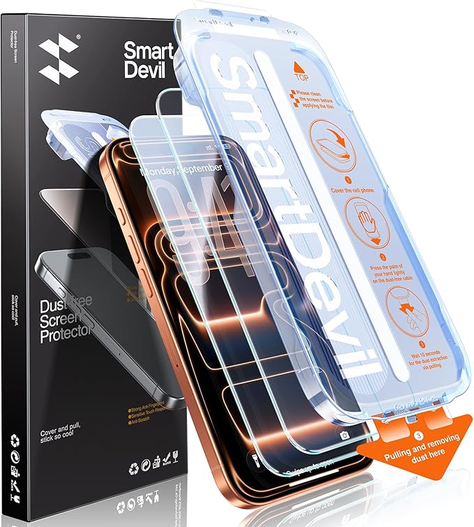 SMARTDEVIL 2 Pack Screen Protector for iPhone 17 Pro Max, Tempered Glass HD Clear Film, Easy Installation, Dust-Free & Bubble-Free