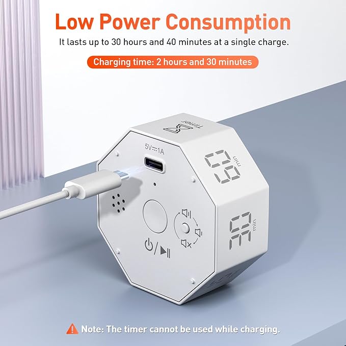 Secura Pomodoro Timer, Rotating Cube Time Tracker, Flip Gravity Sensor with 7 Presets(1/3/5/10/15/30/60 Minutes), Visual Progress Bar for ADHD, Kids, Tasks, Work, Study (White)