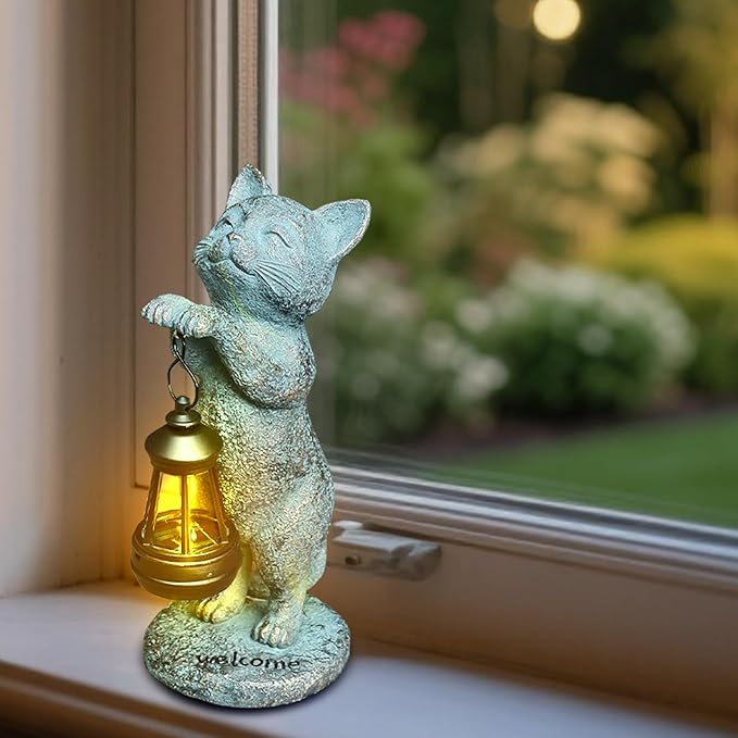 Cat Garden Statue Solar Outdoor Decor - Cat Statues for Garden Solar Lantern Figurine for Yard Patio Lawn Porch Pathway Landscape Ornament Unique Gift for Mom Women