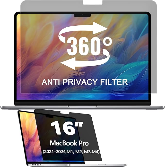 360° Privacy Screen Protector for MacBook Pro 16 Inch (2021-2024, M1, M2, M3, M4, Pro, Max), Privacy Screen Filter for MacBook Pro 16 Inch Anti-Spy/Anti Fingerprint/Anti Blue Light/Anti Glare
