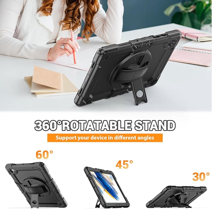 SEYMAC for Samsung Galaxy Tab A8 Case 10.5 Inch (SM-X200/ X205/ X207), Heavy Duty Full-Body Shockproof Protective Case with Screen Protector, Rotating Stand, Hand/Shoulder Strap and Pen Holder, Black
