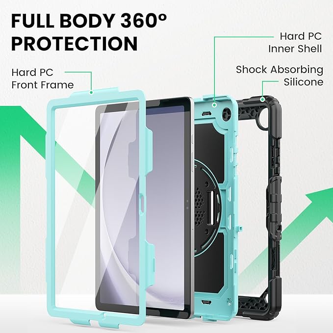 SEYMAC Case for Samsung Galaxy Tab A9+/ A9 Plus 11" (SM-X210/X216/X218), Heavy Duty Shockproof Protective Case with Screen Protector, Rotating Stand and Hand/Shoulder Strap, Light Blue