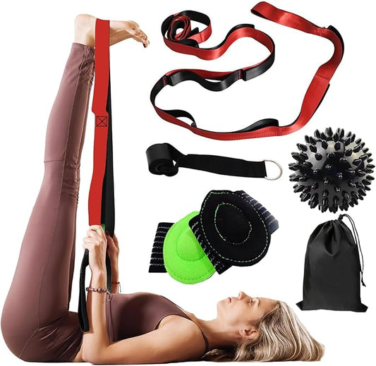 Gradient Fitness Therapy Stretching Belt, 12 Circle Multi Ring Stretching Belt (1.5 inches wide x 86.6 inches long), Therapy Equipment, Yoga Stretcher Strap,Leg Stretcher. Equipped with arch foot pads and pointed massage balls