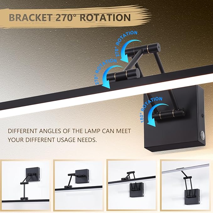 Picture Light for Wall 24" Cordless Lamp 270°Rotation Vanity Light Bar for Bathroom Over Mirror,3CCT Dimmable Art Light Led Wall Sconces for Poster,Room,Make Up,Hallway(Matte Black)