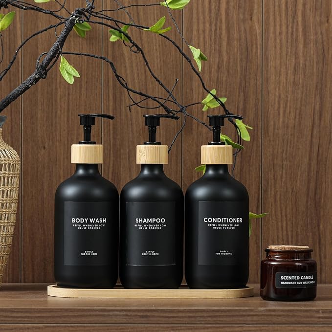 Shampoo and Conditioner Dispenser,16.9oz Set of 3 Plastic Refillable Shower Shampoo Dispenser with Bamboo Tray, Reusable Pump Bottles with Labels for Bathroom Décor(Black) (All Black)