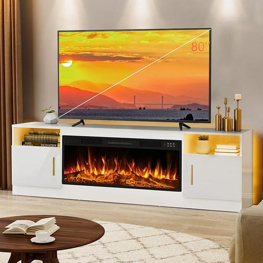 Lemberi Fireplace tv Stand with 36 inch Fireplace Up to 80" TVs,LED Light Entertainment Center and Storage, 70" Modern Wood Media TV Console with Highlight Cabinet for Living Room (White)