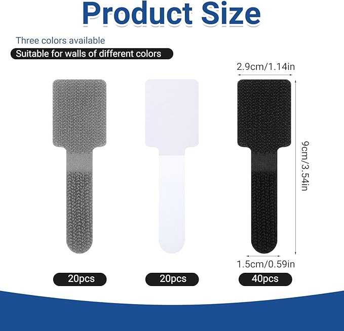 80 PCS Adhesive Hook and Loop Cord Ties, Adjustable Desk Cable Organizer Multi-Purpose Cord Ties for Charging Cables Household Office Kitchen Essentials (Black, Grey, White)