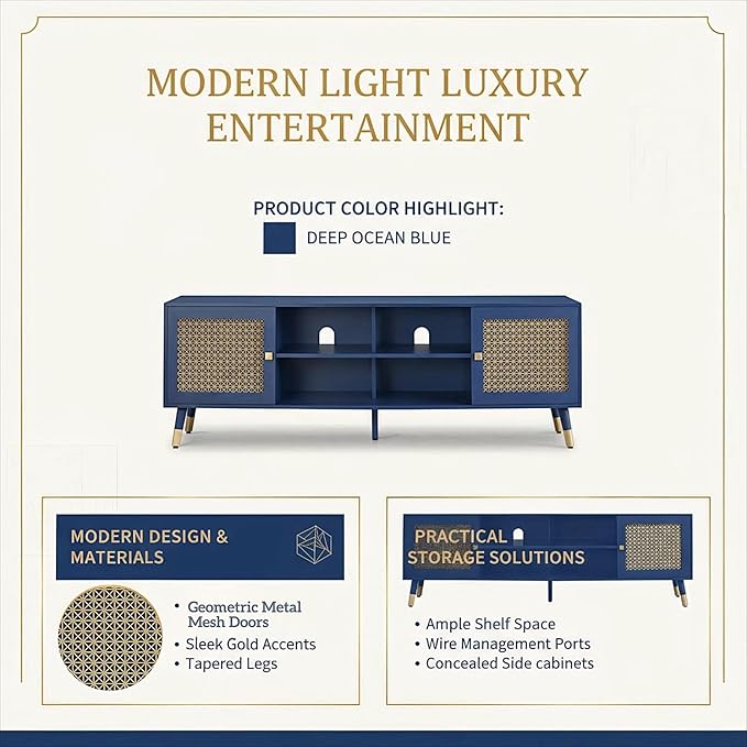 Luxury Blue TV Stand for 70 Inches TVs, Modern Fluted Entertainment Center with Storage Cabinet and Shelves, TV & Media Console with Gold Metal Mesh Doors for Living Room 66"