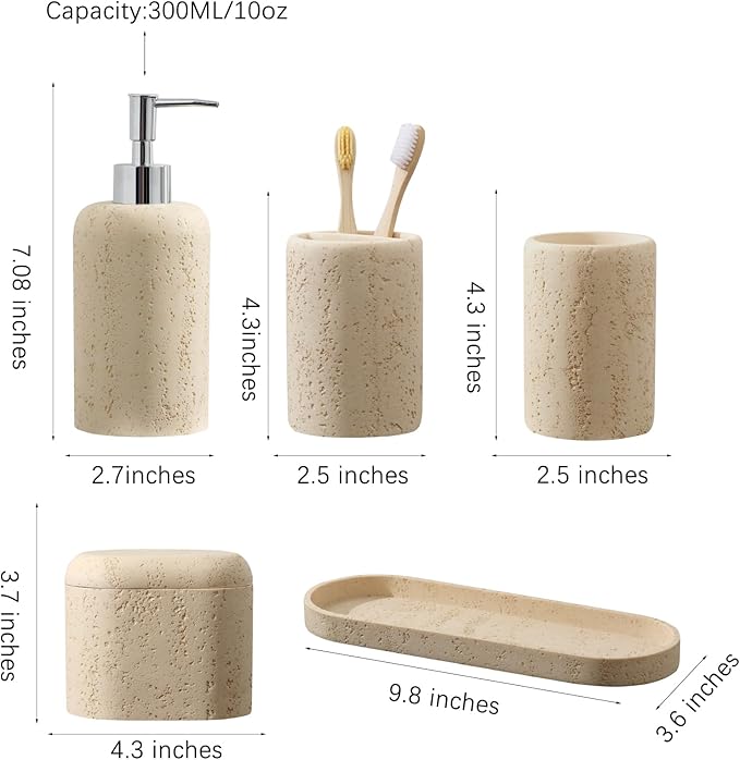 Bathroom Accessories Set, 5PCS Modern Bathroom Accessory Set with Soap Dispenser, Mouthwash Cup & Toothbrush Holder, Qtip Holder, Tray
