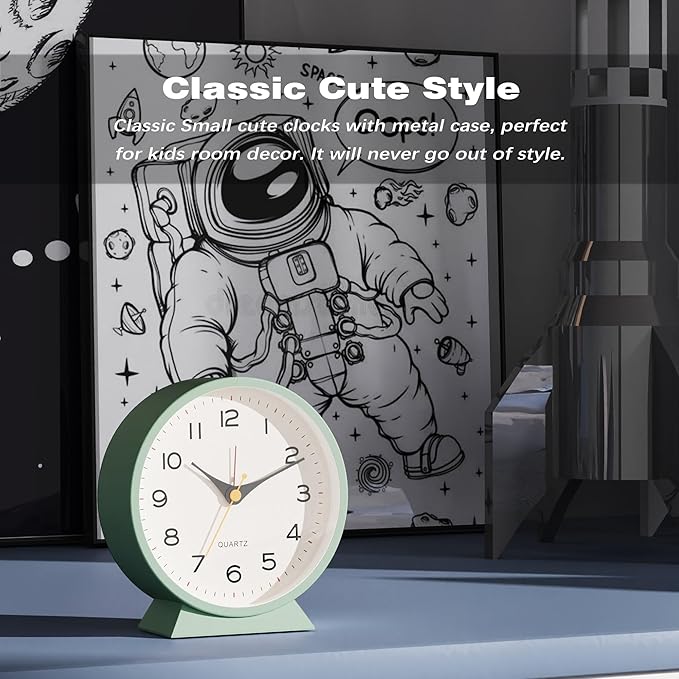 AYRELY® 4.5" Analog Alarm Clock,Small Retro Desk Clock Battery Operated,Slient Metal Table Clock with Light for Living Room Decor,Bedroom,Bedside,Shelf (Green)