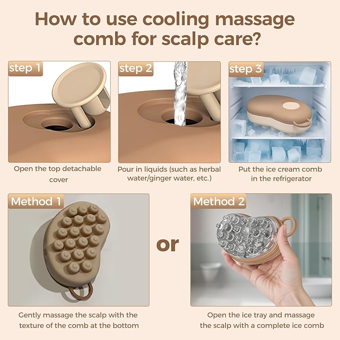 Ice Compress Scalp Massager Hair Growth Massage Comb - Upgraded Raised Dot Ice Tray Design for Tension Headache Relief and Scalp Care (Brown)