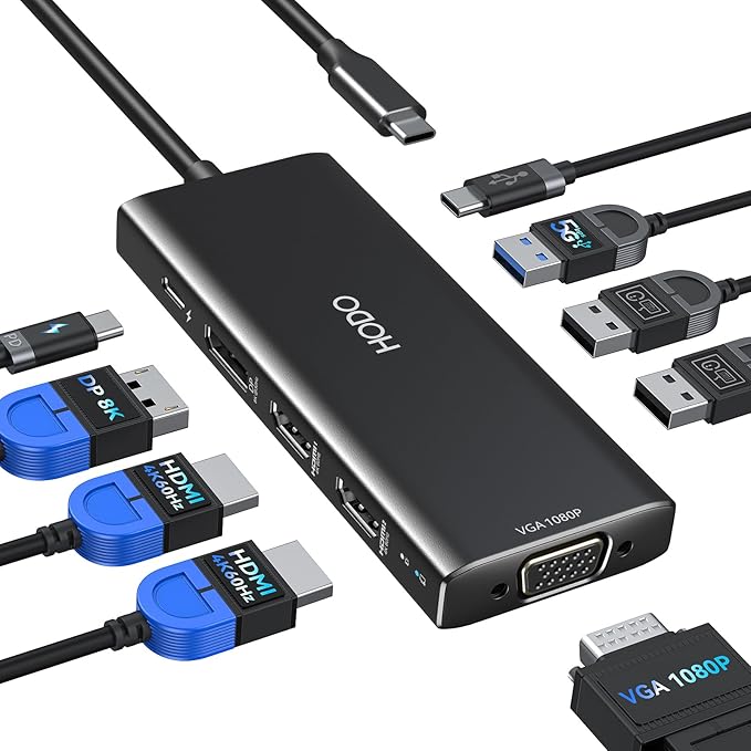 HODO USB C Docking Station Dual Monitor Adapter for Dell HP, Laptop Docking Station 3 Monitors Quad Display USB C Hub Dongle to 2 HDMI 4K,DP 8K, VGA,4 USB,PD, Adapter 9 in 1 Laptop Dongle