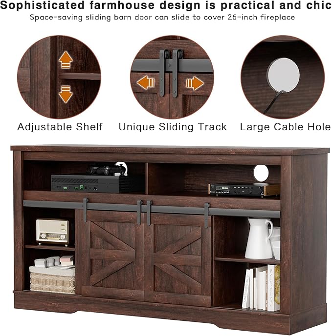 YESHOMY Fireplace TV Stand for Television up to 65+ Inch with Storage and Farmhouse Sliding Barn Doors, Entertainment Center with Cabinet and Shelves, Media Console for Living Room, Dark Brown