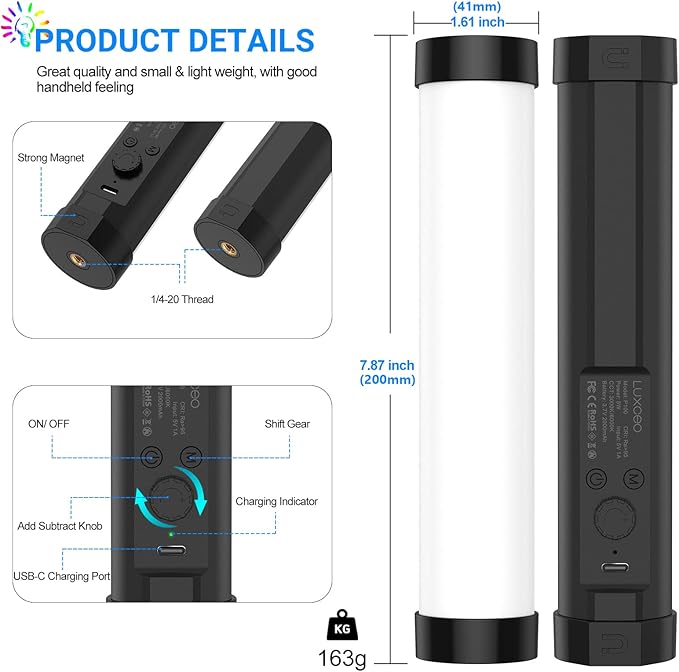 LUXCEO Handheld Light Wand, Multicolor RGB LED Video Light for Photography, 2000mAh Rechargeable Mini Light Stick for Video Shooting Professional Tube Lights with Magnetic for YouTube, TikTok(Black)