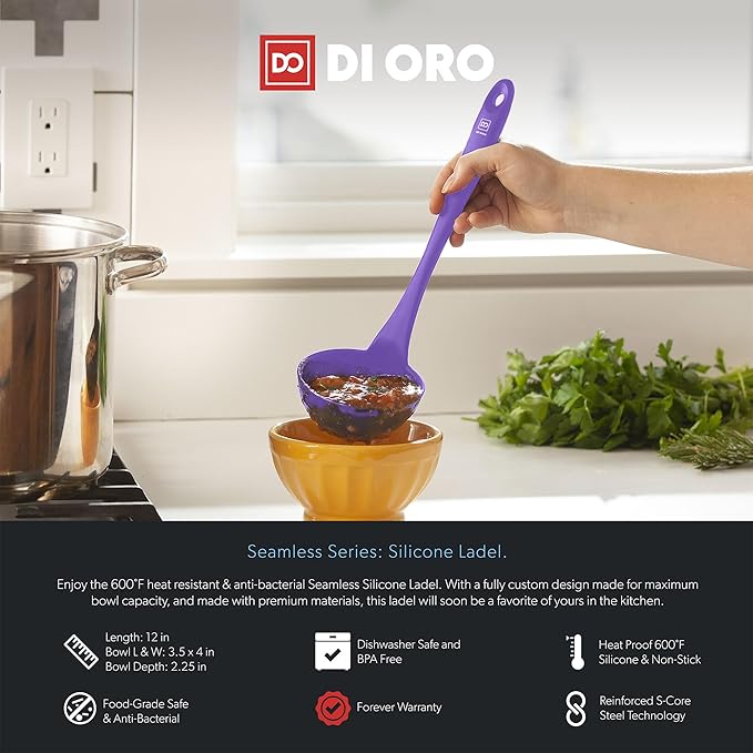 DI ORO Silicone Ladle – Soup Ladle for Cooking & Serving Heat-Resistant - Large Kitchen Ladle Nonstick Cookware Safe - Soup Serving Spoon with Wide Bowl - Silicone Utensil Dishwasher Safe (Lavender)