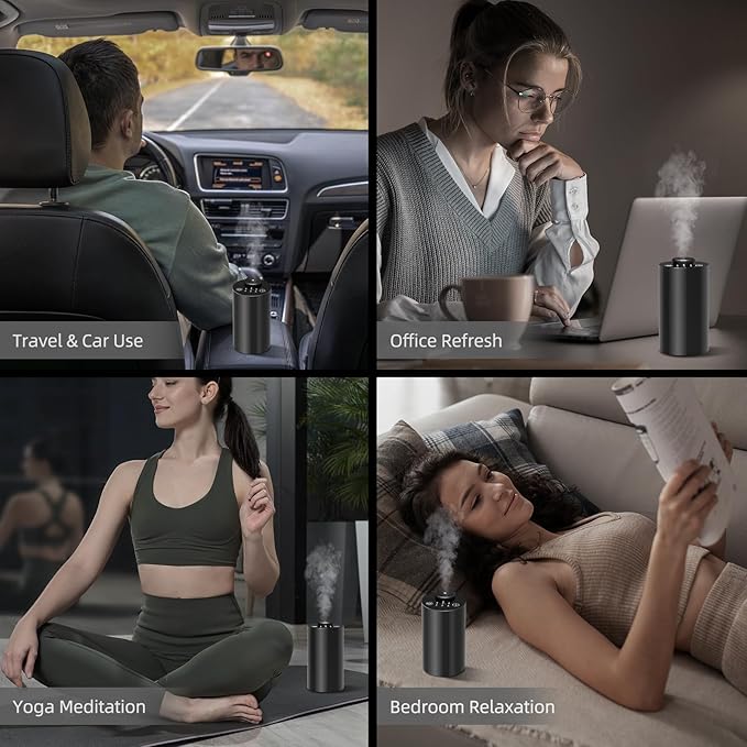 Waterless Diffuser for Essential Oil, Battery Operated Portable Nebulizer, Aromatherapy Scent Diffusers for Home Large Room, Car, Office, Desk, Included 120ml Oil, 3 Timer Modes & 3 Mist Levels, Black