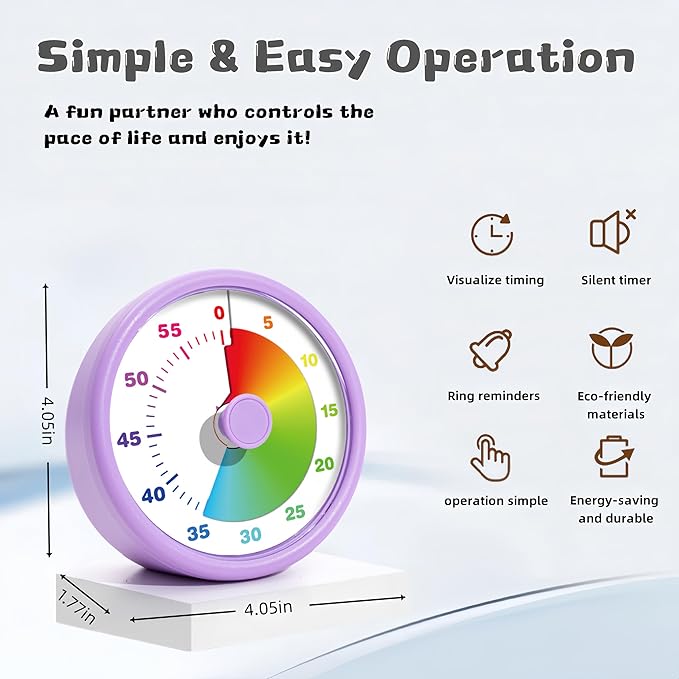 Visual Timer for Kids Adults, 60 Minutes Countdown Timer for Classroom, Office, Study, ADHD Tools for Kids Productivity Timer (Purple)