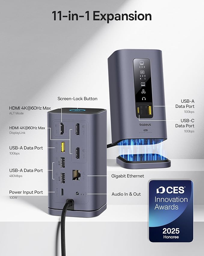 Baseus SpaceMate(MAC) Docking Station, USB C Docking Station 3 Monitors with 4K HDMI, 10Gbps USB Ports, 100W PD, Gigabit Ethernet, Audio, Laptop Docking Station for Mac & Win