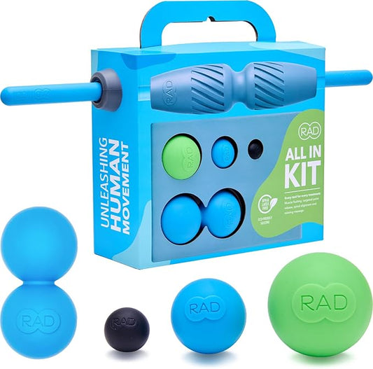 RAD All-in Kit – Foam Roller Set for Whole Body Massage & Myofascial Release – 7-in-1 Kit with Roller Stick, Yoga Block, Massage Balls – Muscle Recovery Tools for Mobility & Flexibility