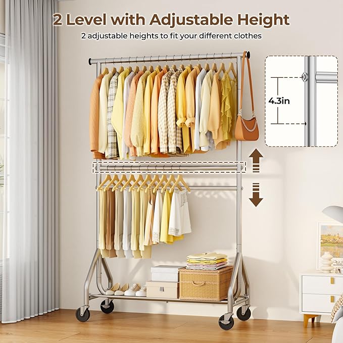 Heavy Duty Clothes Rack, Double Rod Clothing Rack for Hanging Clothes, Rolling Garment Rack, Adjustable Freestanding Wardrobe Closet Coat Rack for Bedroom Laundry Living Room, Silver