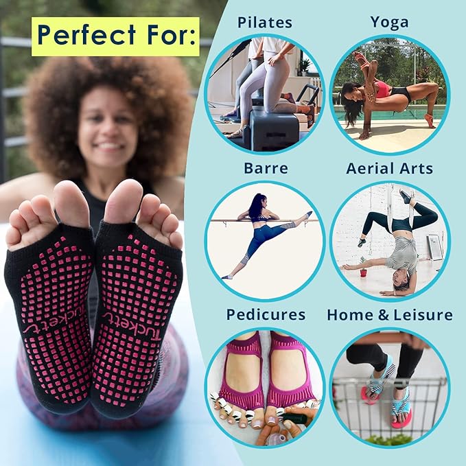 Tucketts Toeless Pilates Socks with Grips for Women, Non-Slip Yoga & Barre Socks for Stability & Barefoot Workouts, Size 6-13